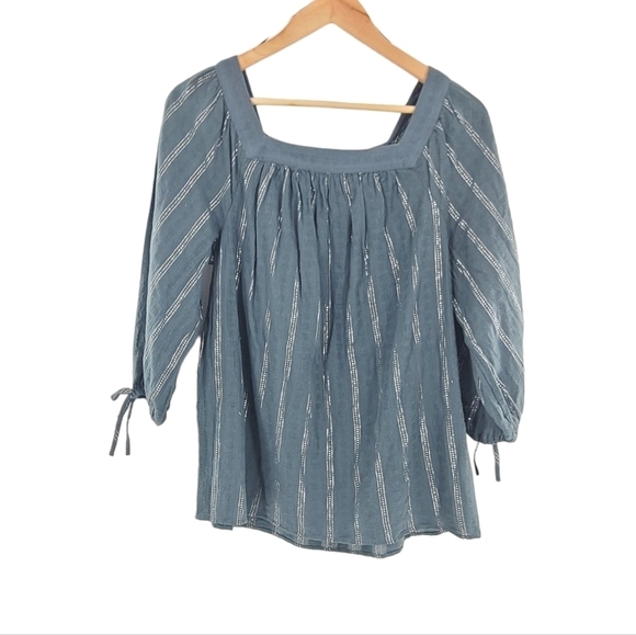 Lauren Conrad Blouse Green with Silver Stripes ¾ Sleeve Pullover Square Neck XS‎ - Picture 5 of 5